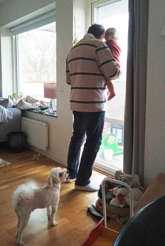 Sigge och Nils tittar ut genom fönstret.