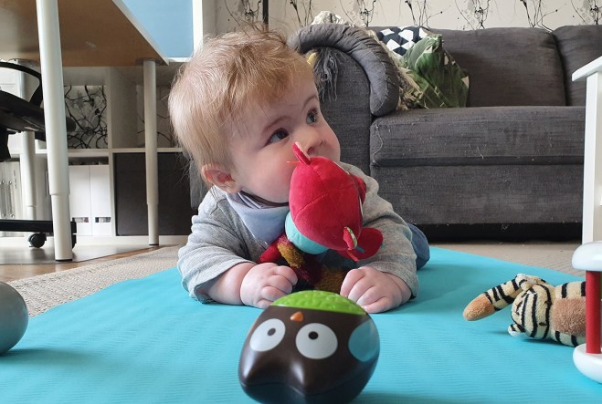 Kasper leker på golvet.