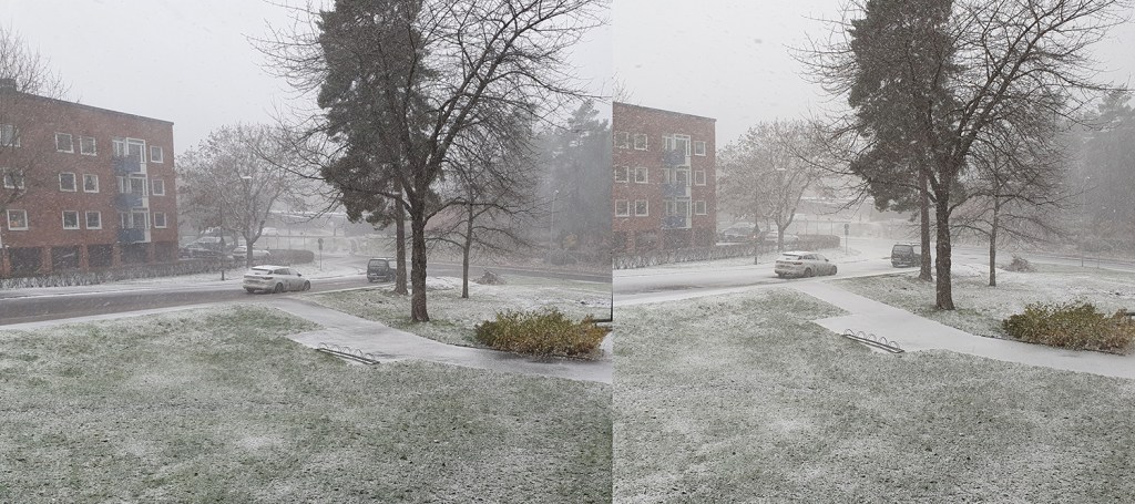 Snön börjar falla.