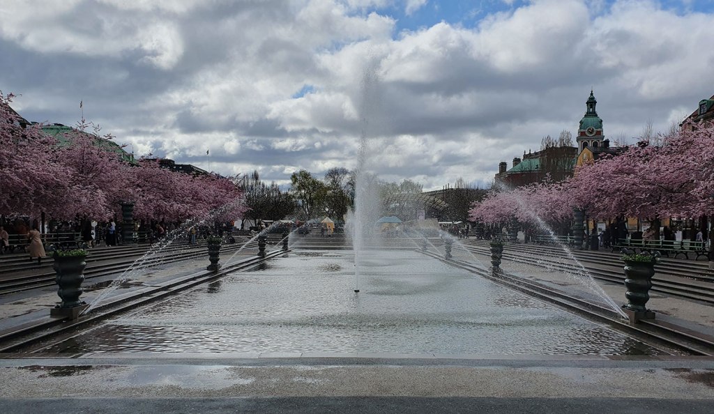 Blommande träd på var sida om bassängen