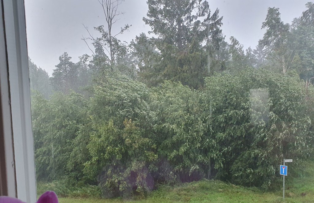 Hård blåst och regn.