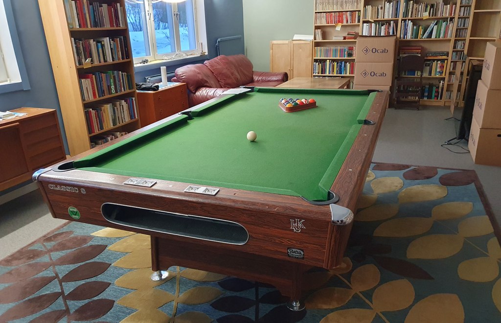 TV, biljardbord, TV-soffa och hyllor.